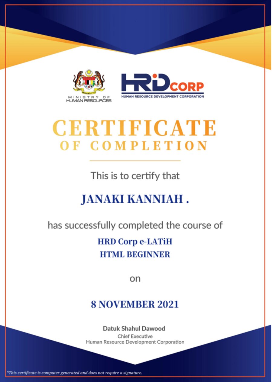 HRD Corp HTML Beginner certificate