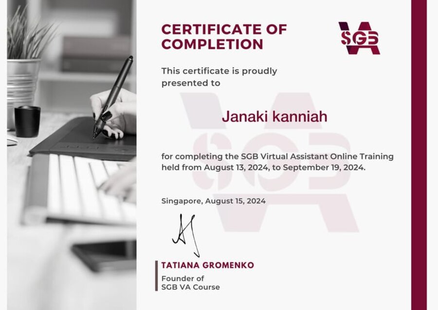 SGB Virtual Assistant Certificate of Completion