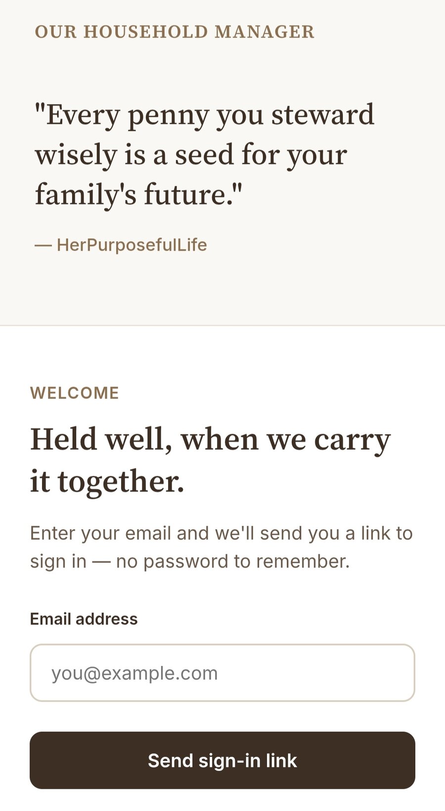 Our Household Manager app sign-in screen