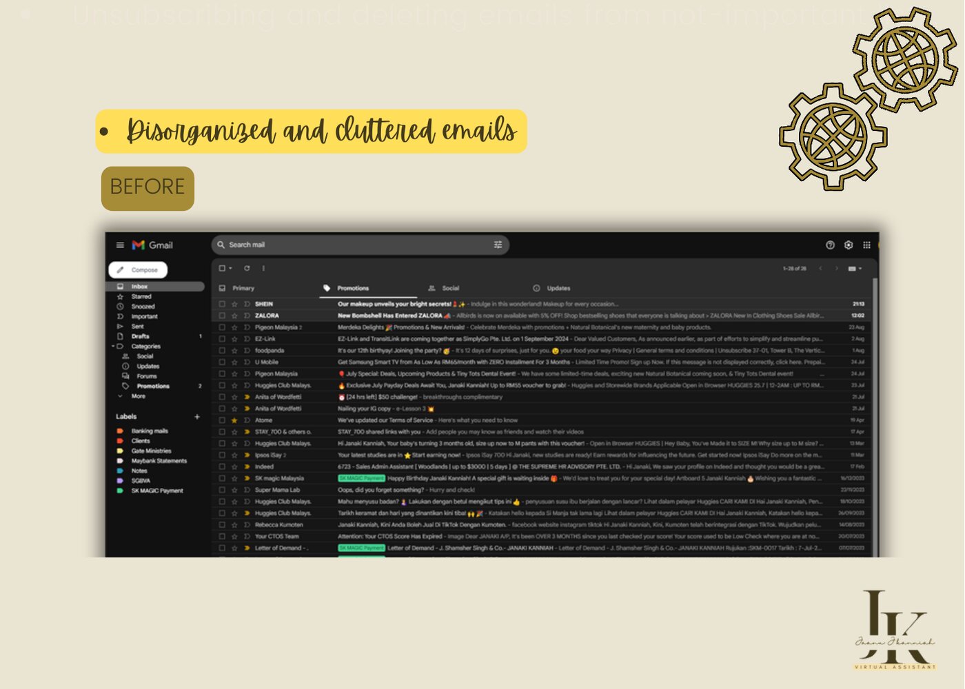 Cluttered email inbox before organization